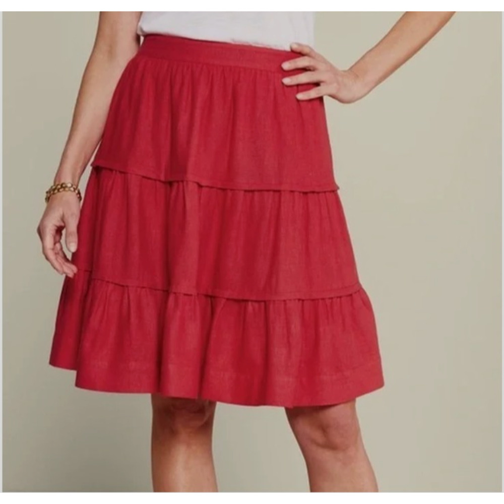 Soft Surroundings Talisa Skirt L Red Linen Tiered A-Line Cottagecore Preppy Boho